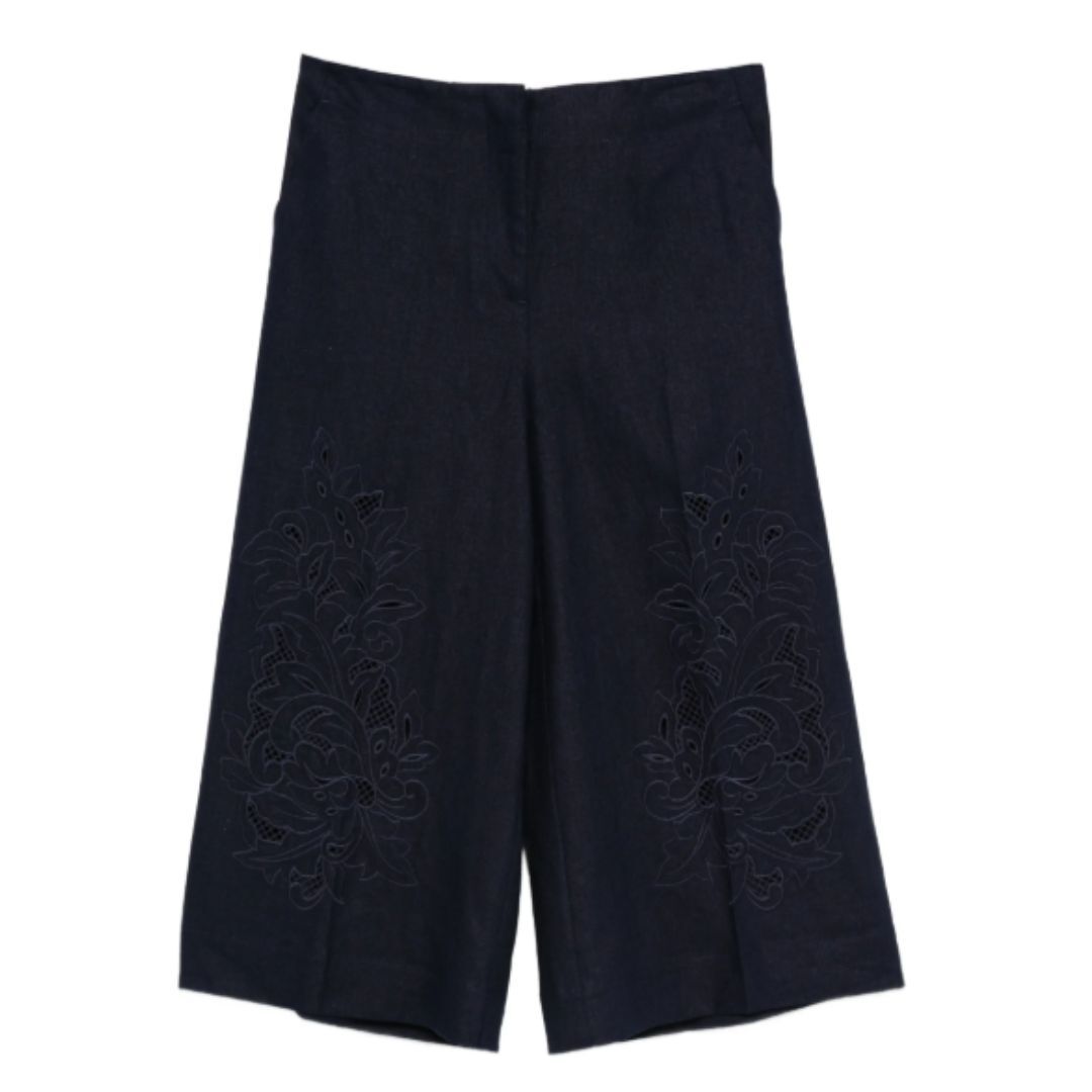 1TS0319-030 [TWINSET] Linen Blend Cropped Trousers With Embroidery Blue Night #261TP2313 (C-EU-E)