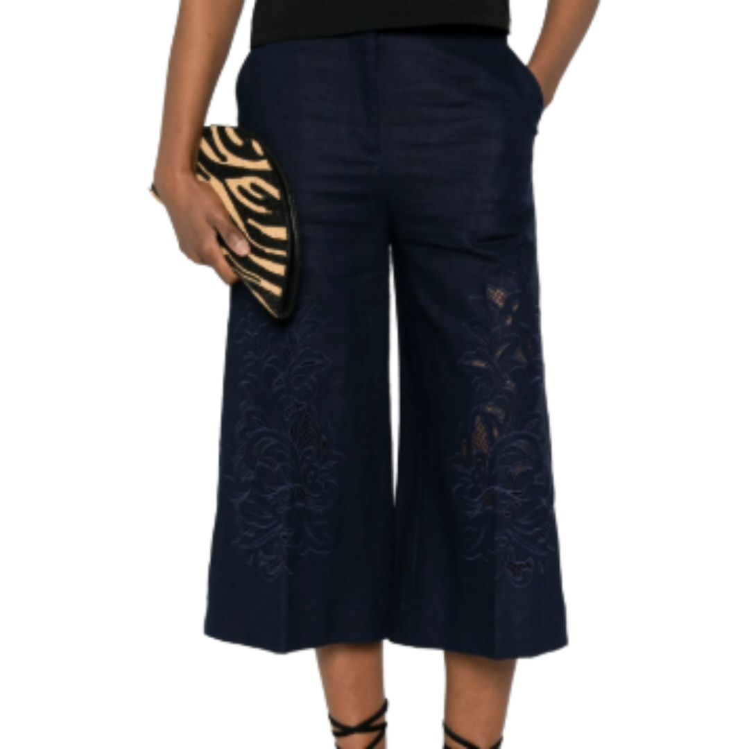1TS0319-030 [TWINSET] Linen Blend Cropped Trousers With Embroidery Blue Night #261TP2313 (C-EU-E)