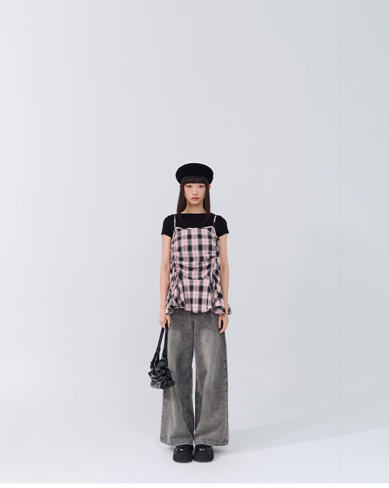 配色格纹抽绳细肩罩衫背心 两色售【01099524】现+预