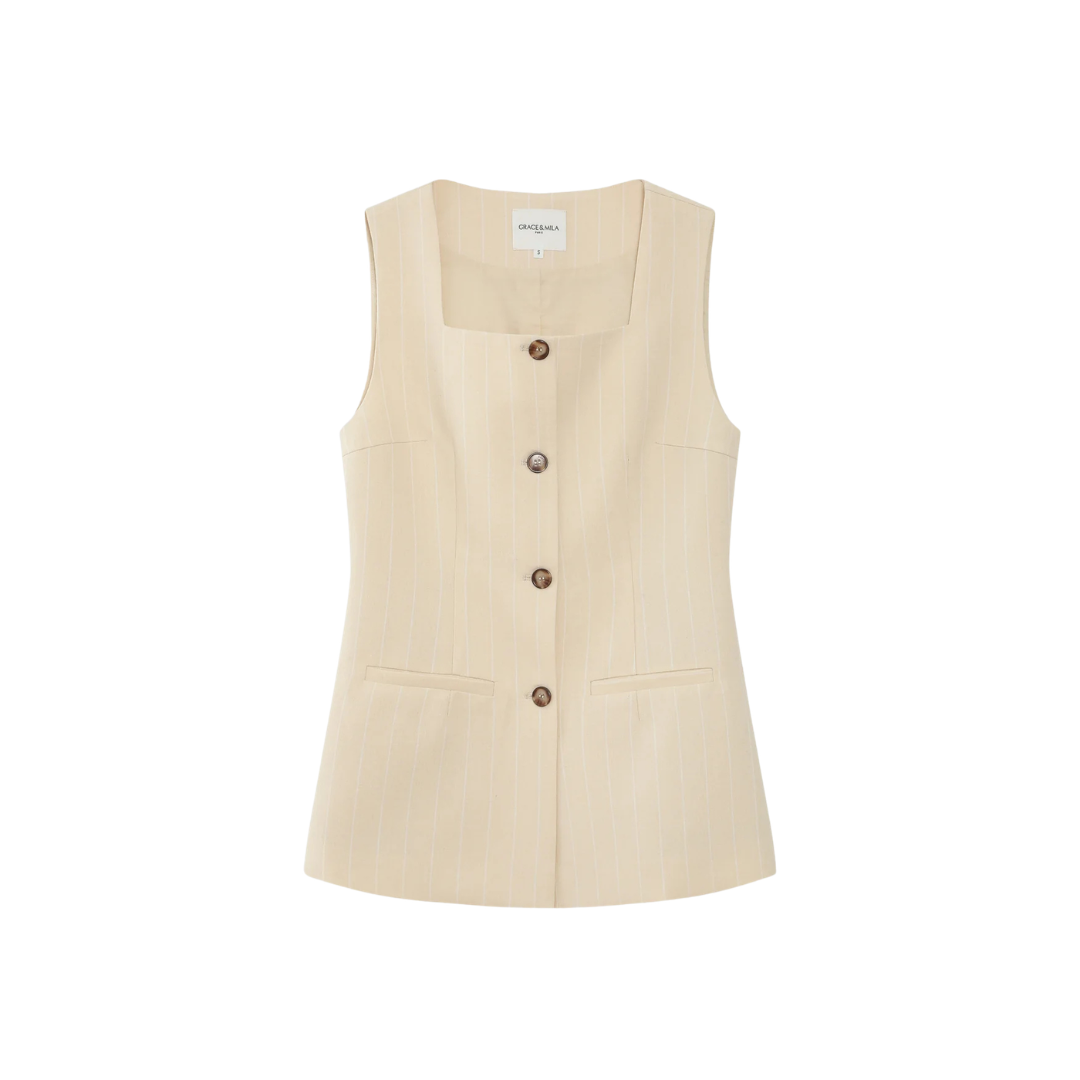 1GM0329-007 [GRACE & MILA] Tailored Linen Vest In Pinstripe Vanille Vic #SS26111007 (C-EU-E)