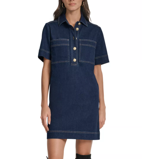 [S] DKNY LEXINGTON COLLARED SHORT-SLEEVE DENIM SHIFT DRESS, DJ5D9126-LXT (SD1738)
