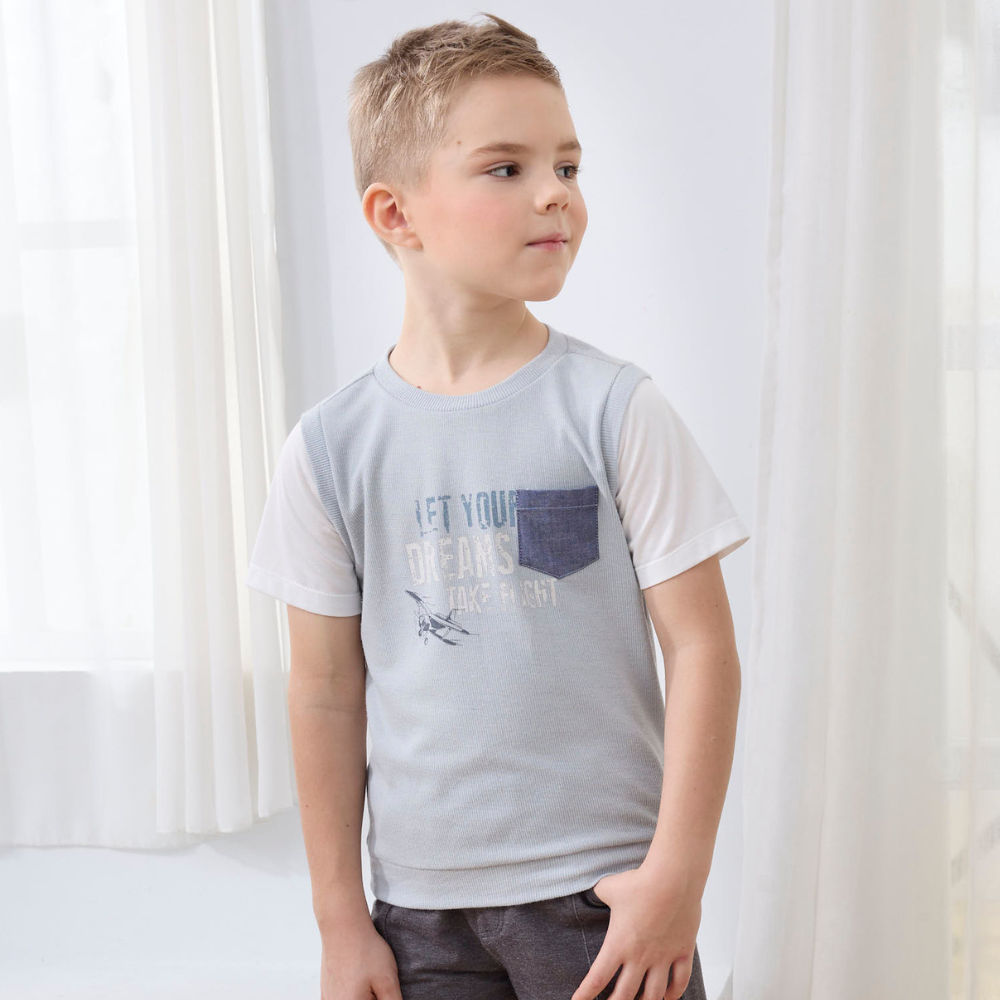 PIPPY 印花針織假兩件圓領短袖上衣 灰藍