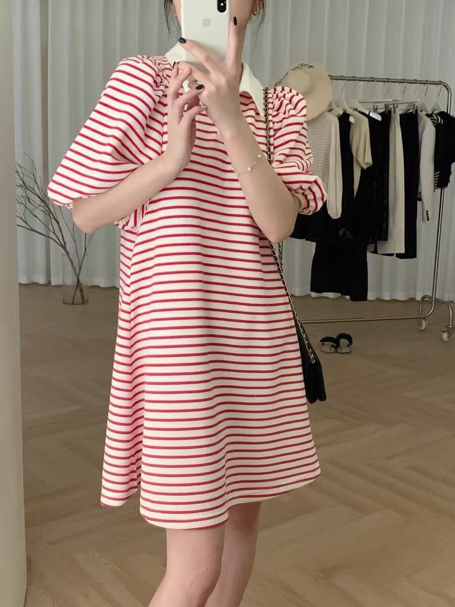 202622-條紋 Polo 領澎袖A字連身裙