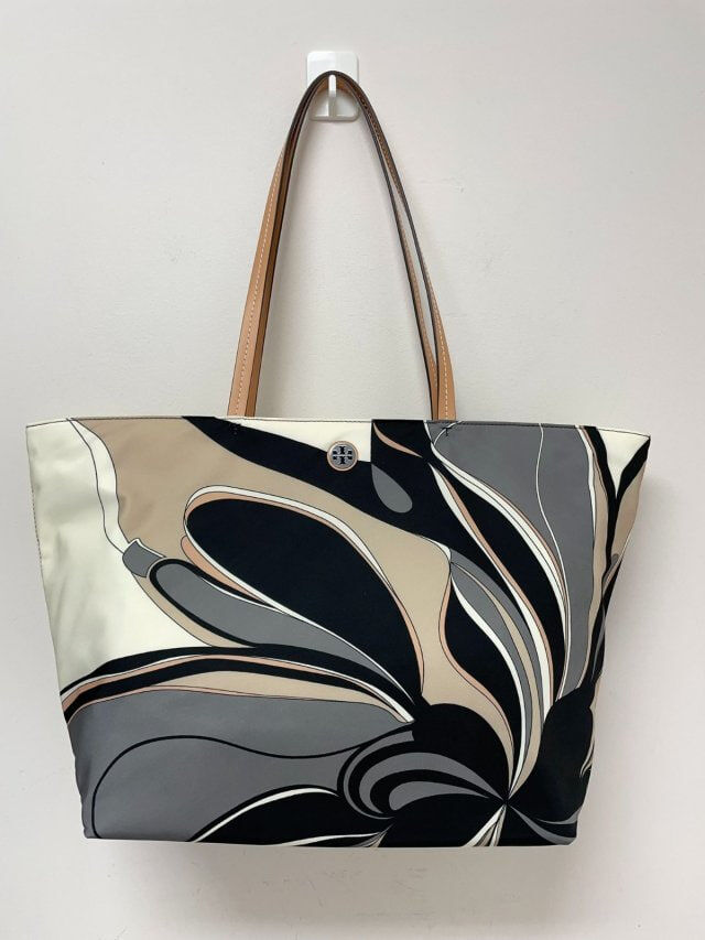 [S] TORY BURCH BLACK TWISTY FLOWER ELLA NYLON PRINTED TOTE, 170266-001 (STB737)