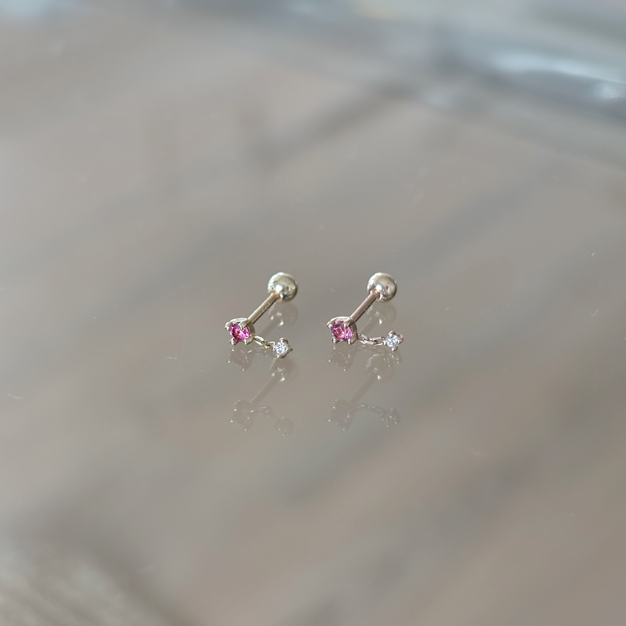 14K小鏈子粉碧璽真鑽轉珠耳環