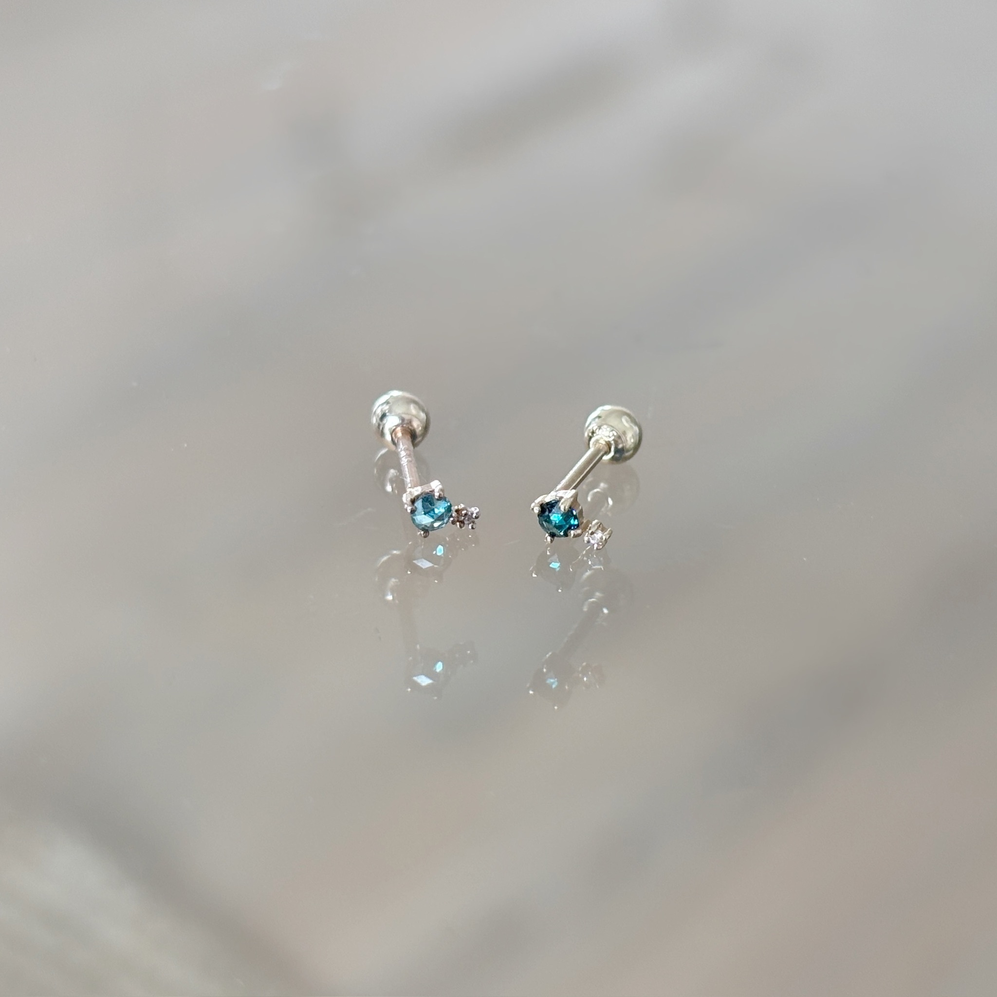 14K玫瑰切割藍白鑽轉珠耳環