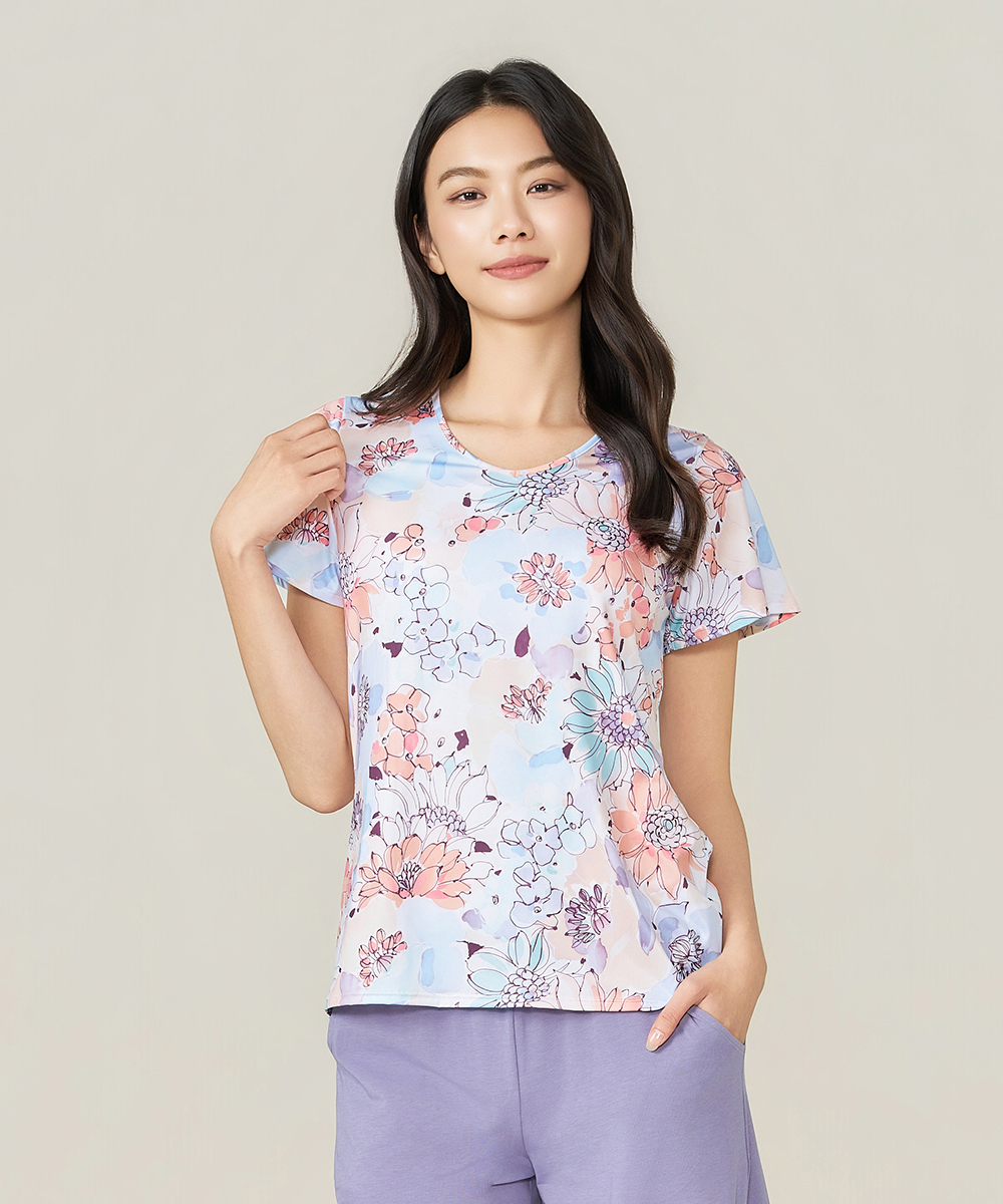 自由空間-旅行印花 永效吸排女荷葉袖V領衫 UE025926