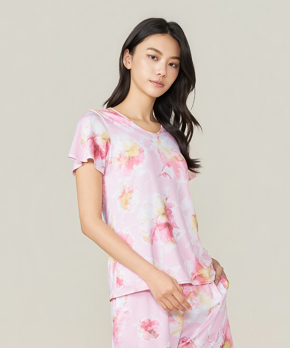 自由空間-旅行印花 永效吸排女荷葉袖V領衫 UE025926