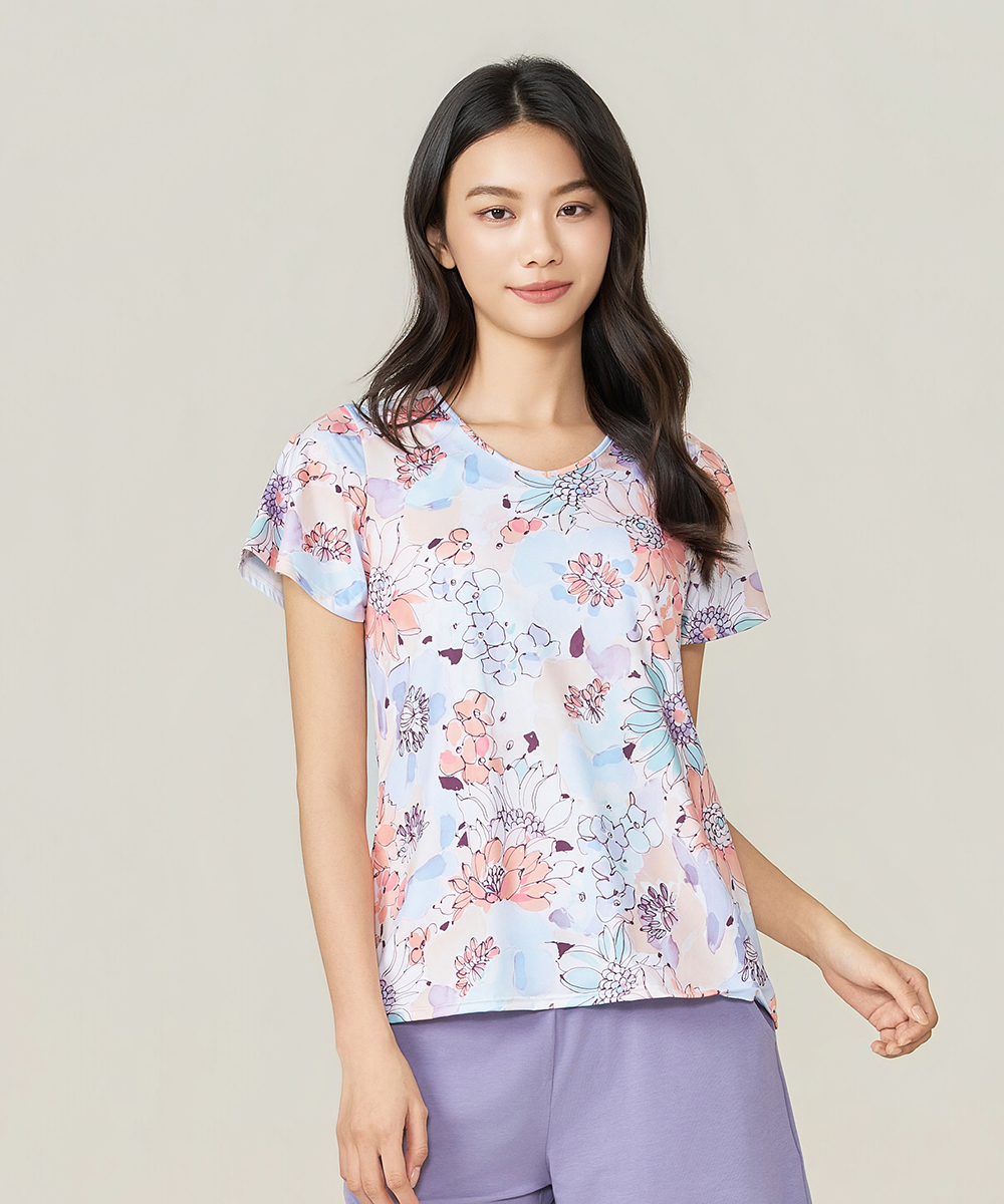 自由空間-旅行印花 永效吸排女荷葉袖V領衫 UE025926