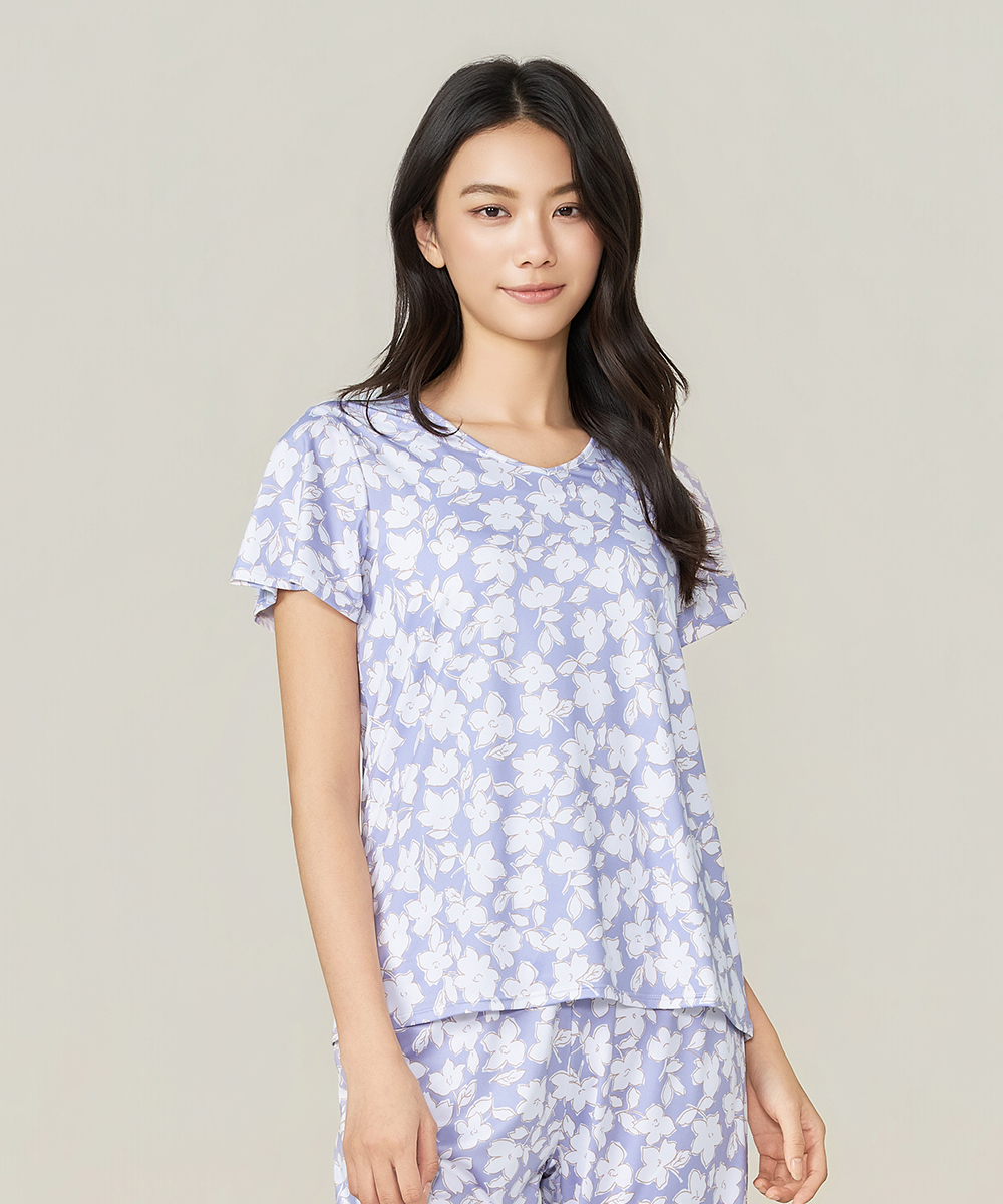 自由空間-旅行印花 永效吸排女荷葉袖V領衫 UE025926