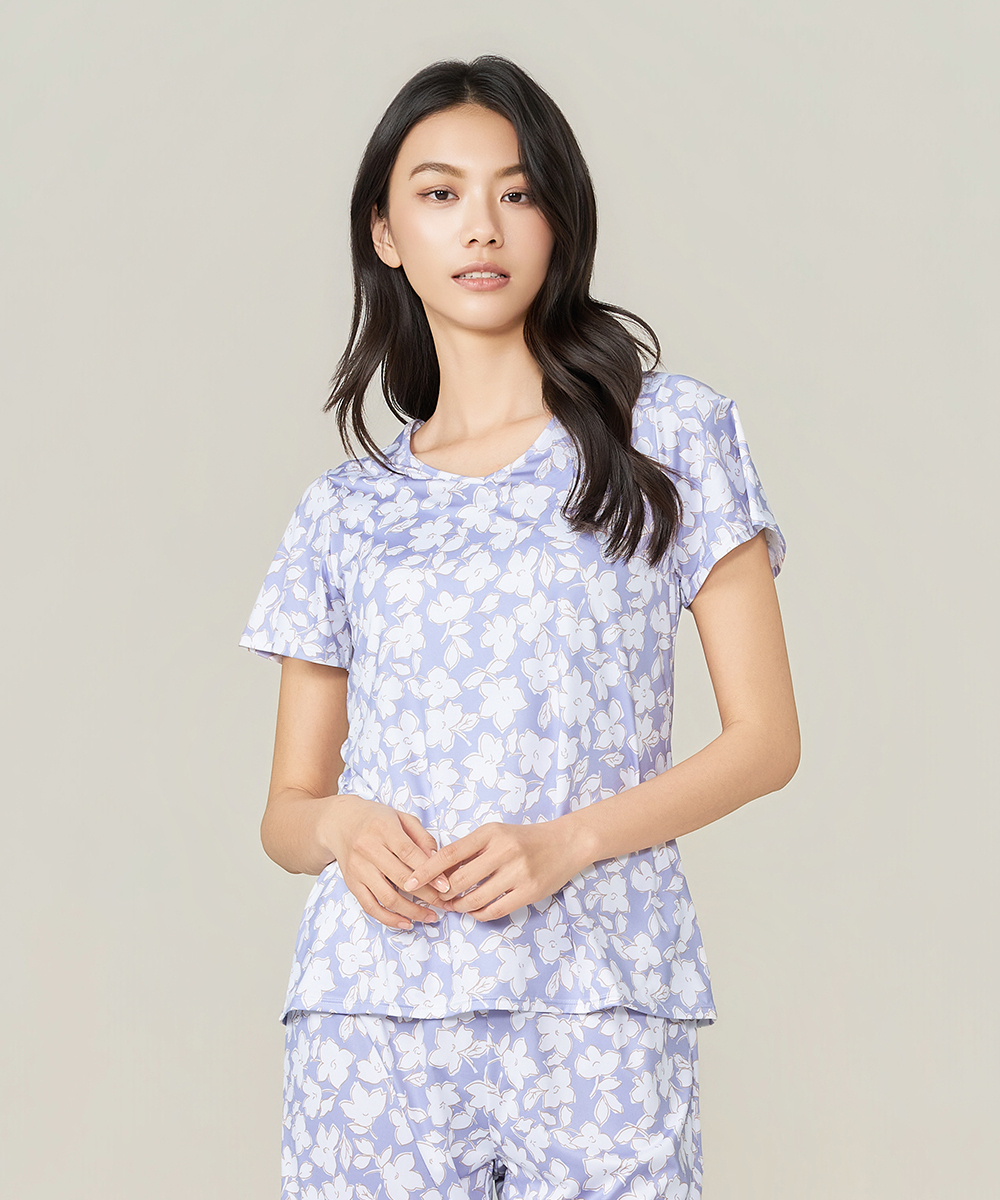 自由空間-旅行印花 永效吸排女荷葉袖V領衫 UE025926