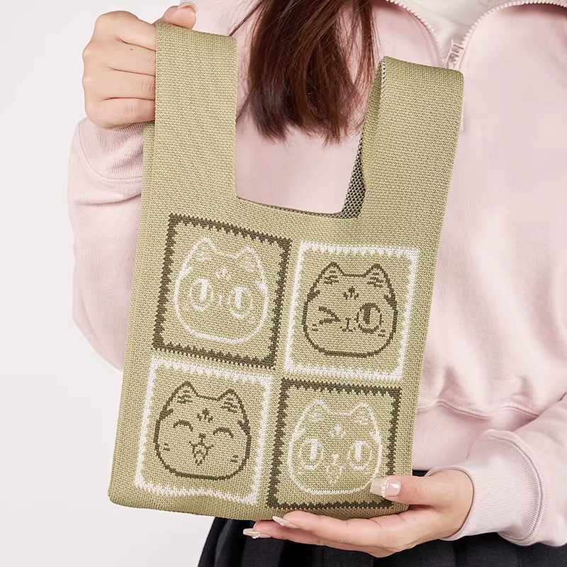 大英博物館｜巴斯特系列｜萌貓表情提花針織手挽包-綠色