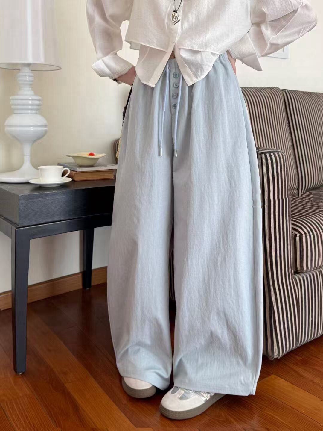 8842-莫蘭迪色抽繩排釦休閒口袋寬褲