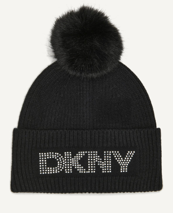 [S] DKNY BLACK D5KH1637 DKNY LOGO RHINESTONE BEANIE, 732465227516 (SD1638)