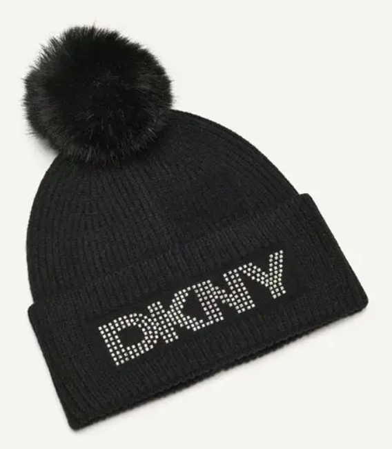 [S] DKNY BLACK D5KH1637 DKNY LOGO RHINESTONE BEANIE, 732465227516 (SD1638)