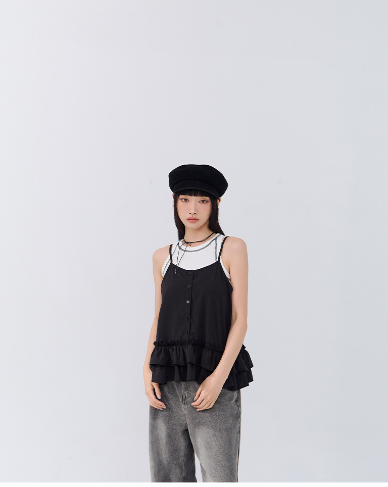 立体点点下襬荷叶细肩背心 三色售【01099561】现+预