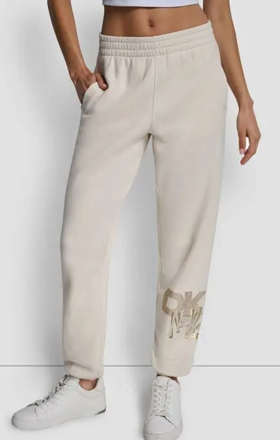 [S] DKNY EGGNOG/LIGHT GOLD GRAFFITI RHINESTONE LOGO HIGH RISE RELAXED FIT JOGGER, DP5P3742-I1K (SD1608)