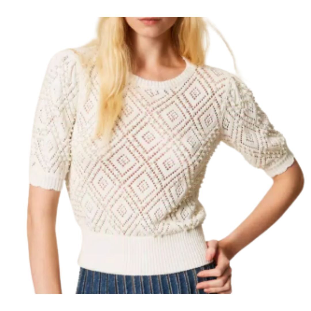 1TS0319-037 [TWINSET] Diamond Pattern Jumper With Pearls Mother Of Pearl #261TP3201 (C-EU-E)