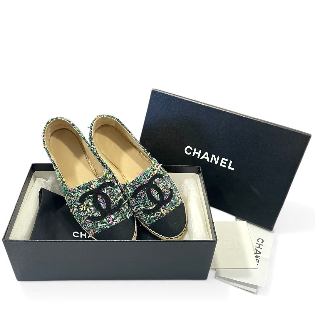 全新CHANEL漁夫鞋35碼 G29762 綠拼黑 CC LOGO 香奈兒草鞋 Espadrilles Flats Shoes #BRAND NEW #香榭站正品