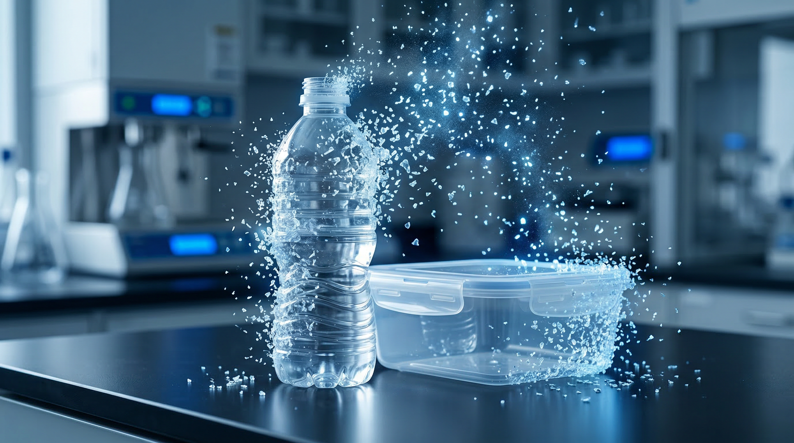 塑膠容器釋放毒素示意圖：寶特瓶與食物保鮮盒正在分解出大量的藍色微塑膠與塑化劑顆粒。