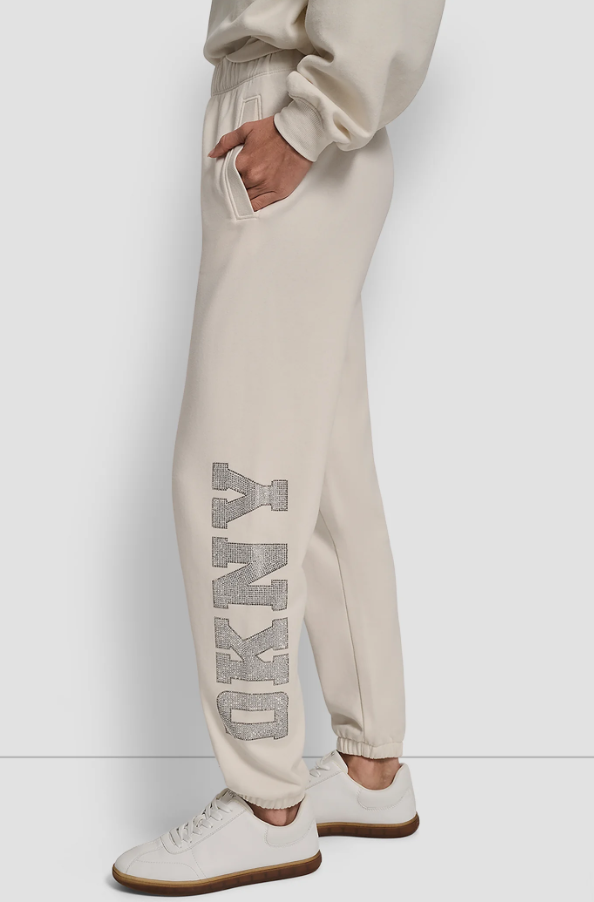 [S] DKNY EGG NOG EXPLODED RHINESTONE VARSITY LOGO HIGH RISE RELAXED, DP5P3737-EN2 (SD1599)