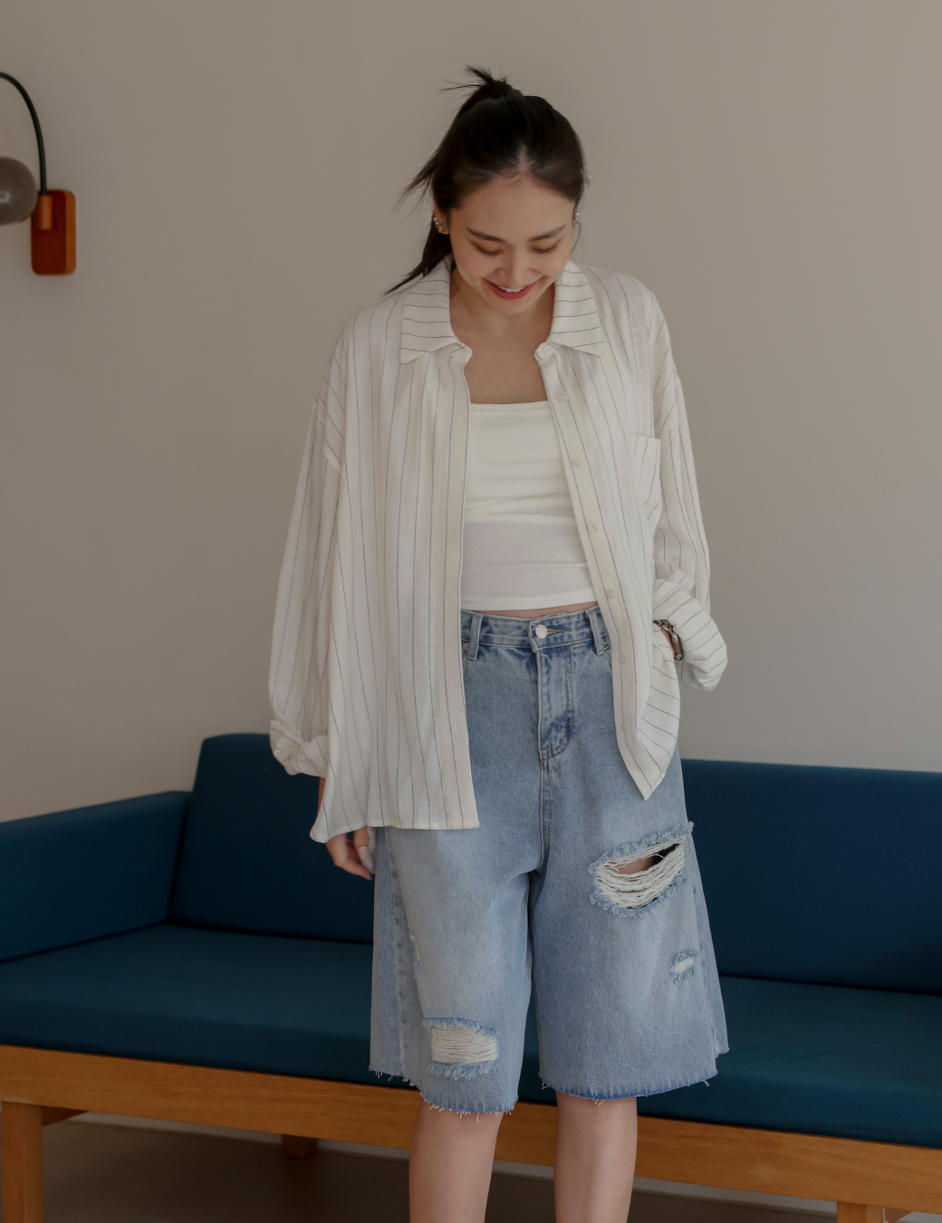 直紋麻料垂墜襯衫