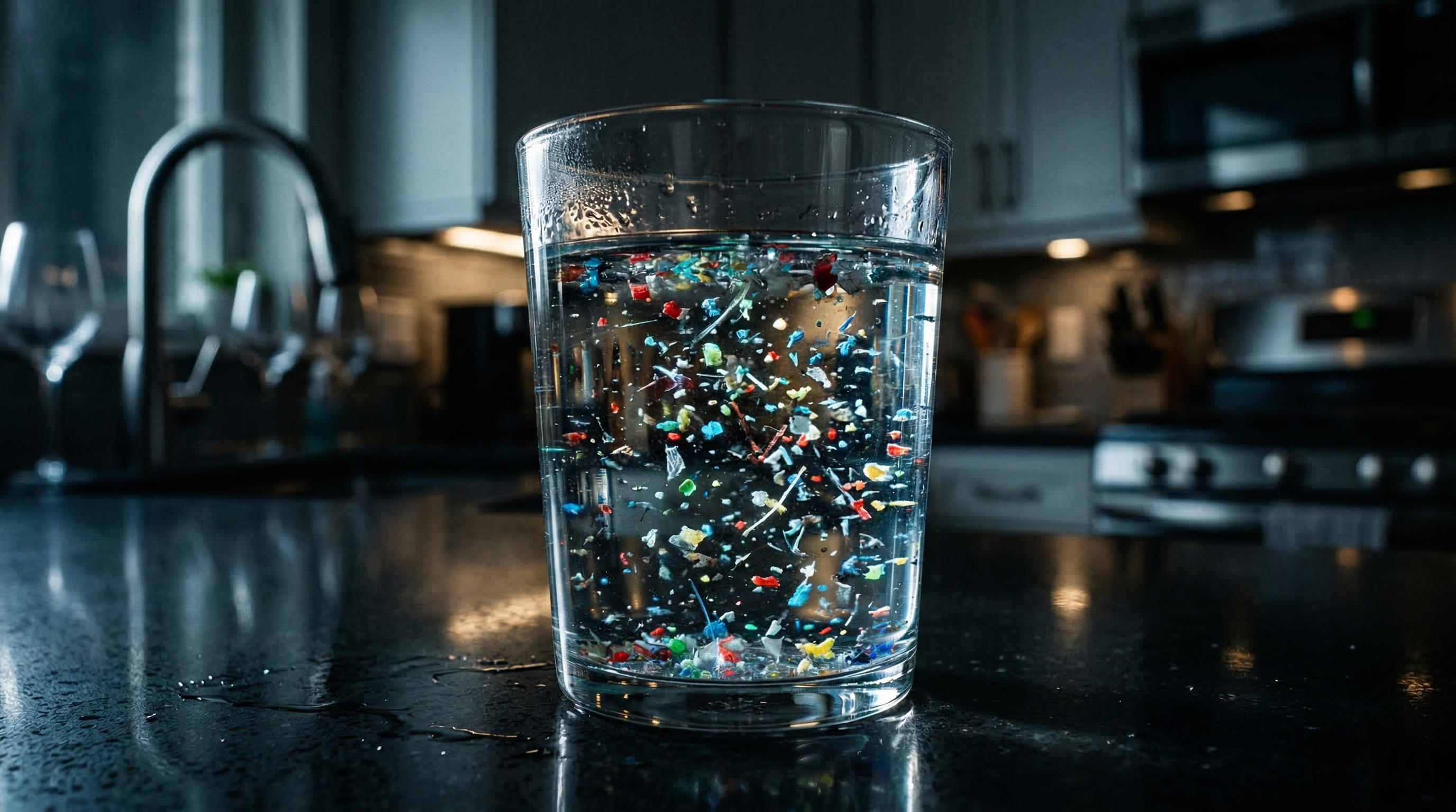 日常飲用水中的隱形危機:看似清澈的水杯內漂浮著大量的彩色微塑膠與環境毒素微粒。