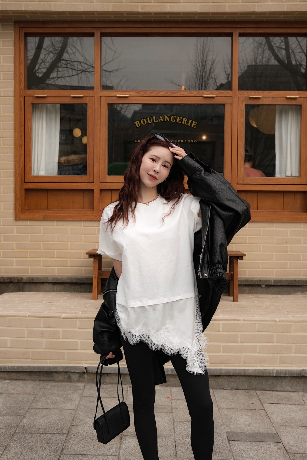 #AF07拼接蕾絲短袖上衣(白/杏/黑)