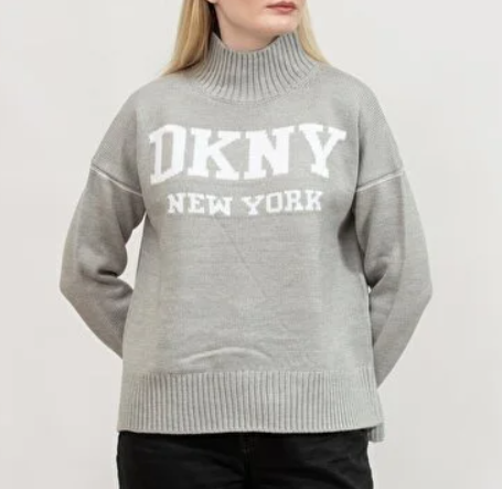 [S] DKNY SKY GREY HEATHER/EGGNOG LOGO TURTLENECK HIGH LOW SWEATER, DJ6R0183-ON8 (SD1654)