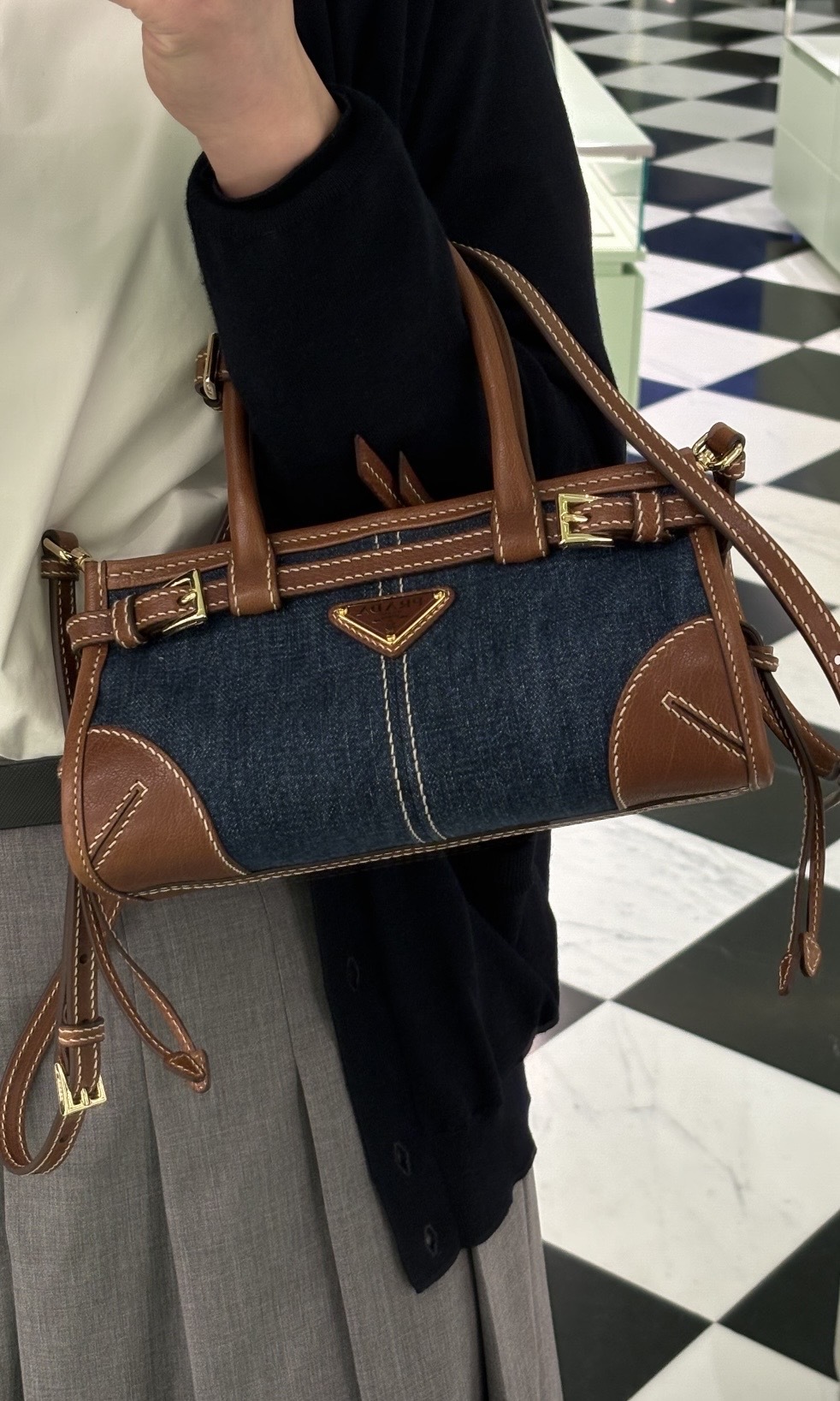 Prada Bonnie小號牛仔布手袋 藍色/橡木色