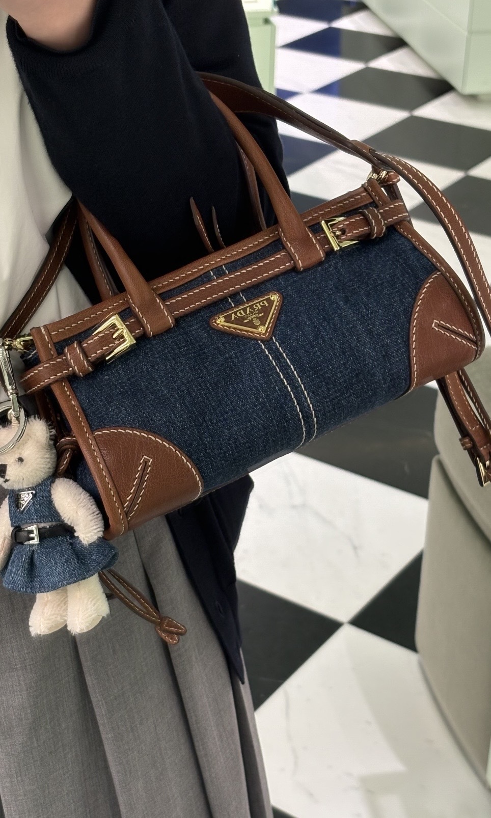 Prada Bonnie小號牛仔布手袋 藍色/橡木色