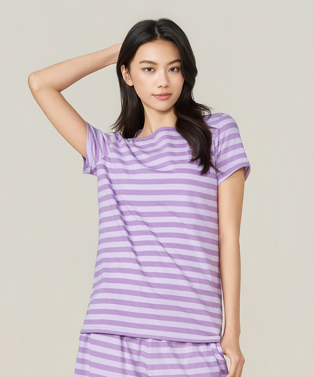 自由空間-條紋棉 輕柔純棉女船領短袖衫 UE028526