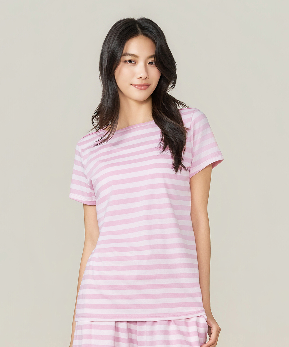 自由空間-條紋棉 輕柔純棉女船領短袖衫 UE028526