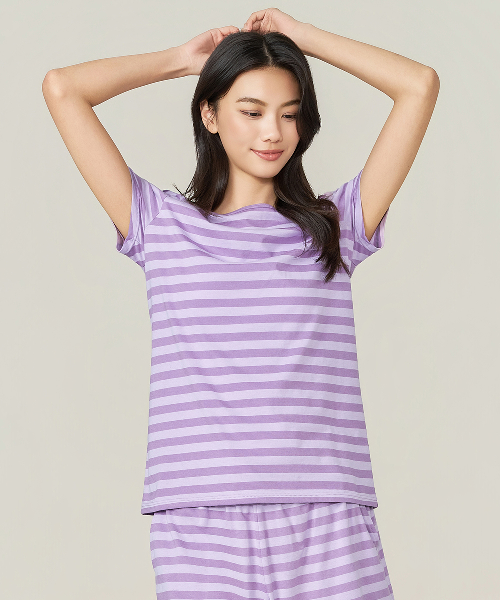 自由空間-條紋棉 輕柔純棉女船領短袖衫 UE028526