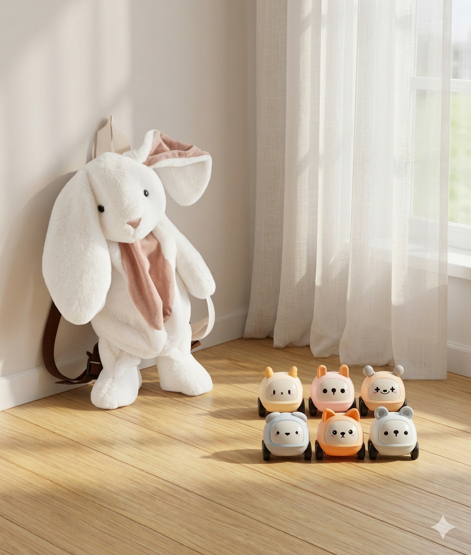 軟綿綿兔寶寶後背包 ╳ 可愛造型迴力滑行小汽車