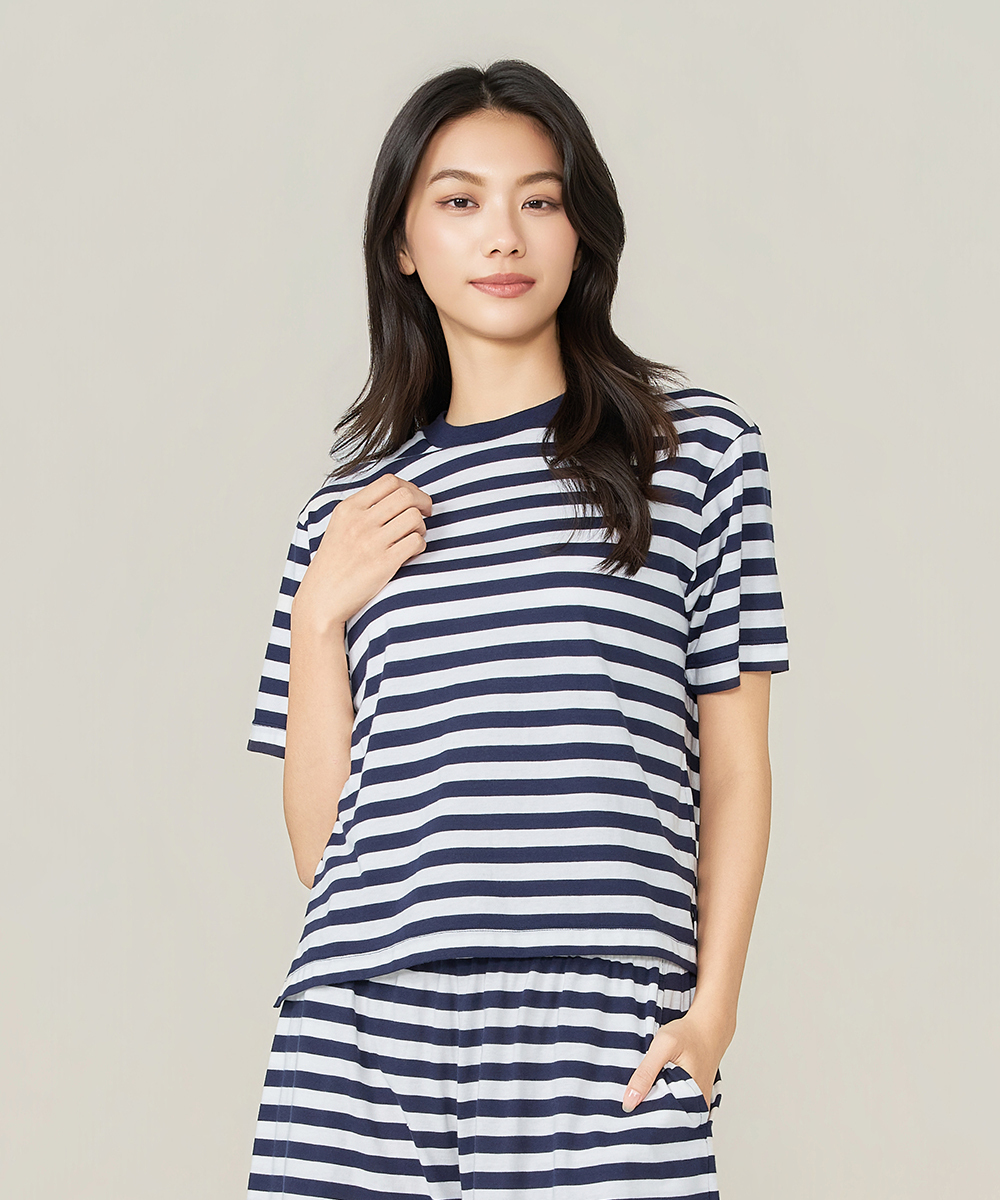 自由空間-條紋棉 輕柔純棉女圓領短袖寬版衫 UE028626