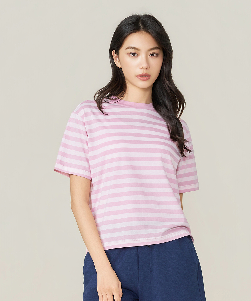 自由空間-條紋棉 輕柔純棉女圓領短袖寬版衫 UE028626