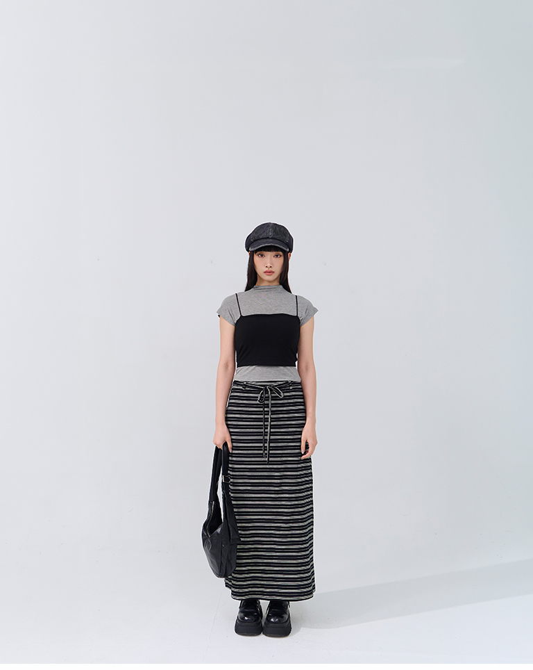 休闲条纹直筒棉质长裙附腰带 两色售 S-L【03021741】现+预