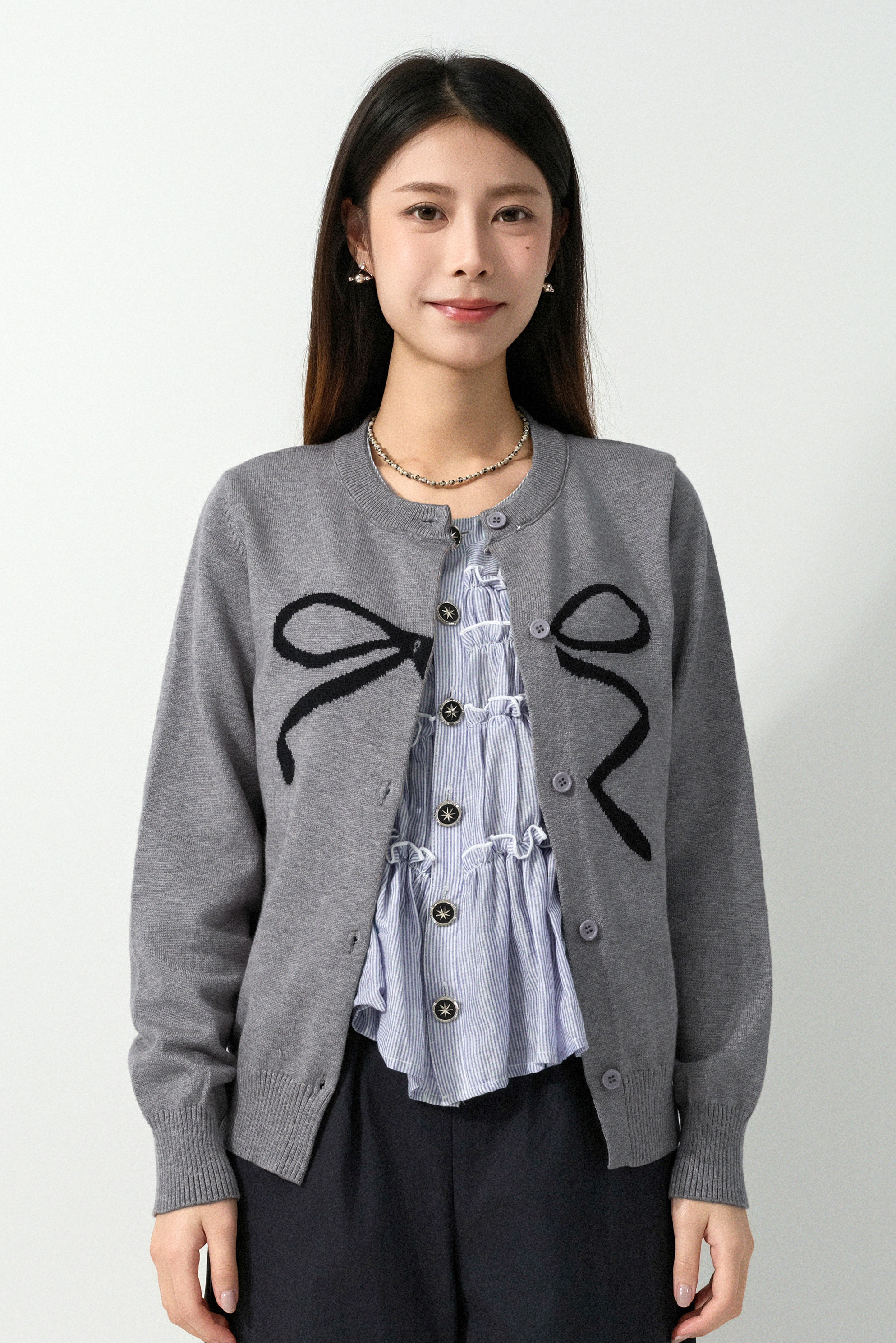 蝴蝶結織花圓領cardigan（預購產品）