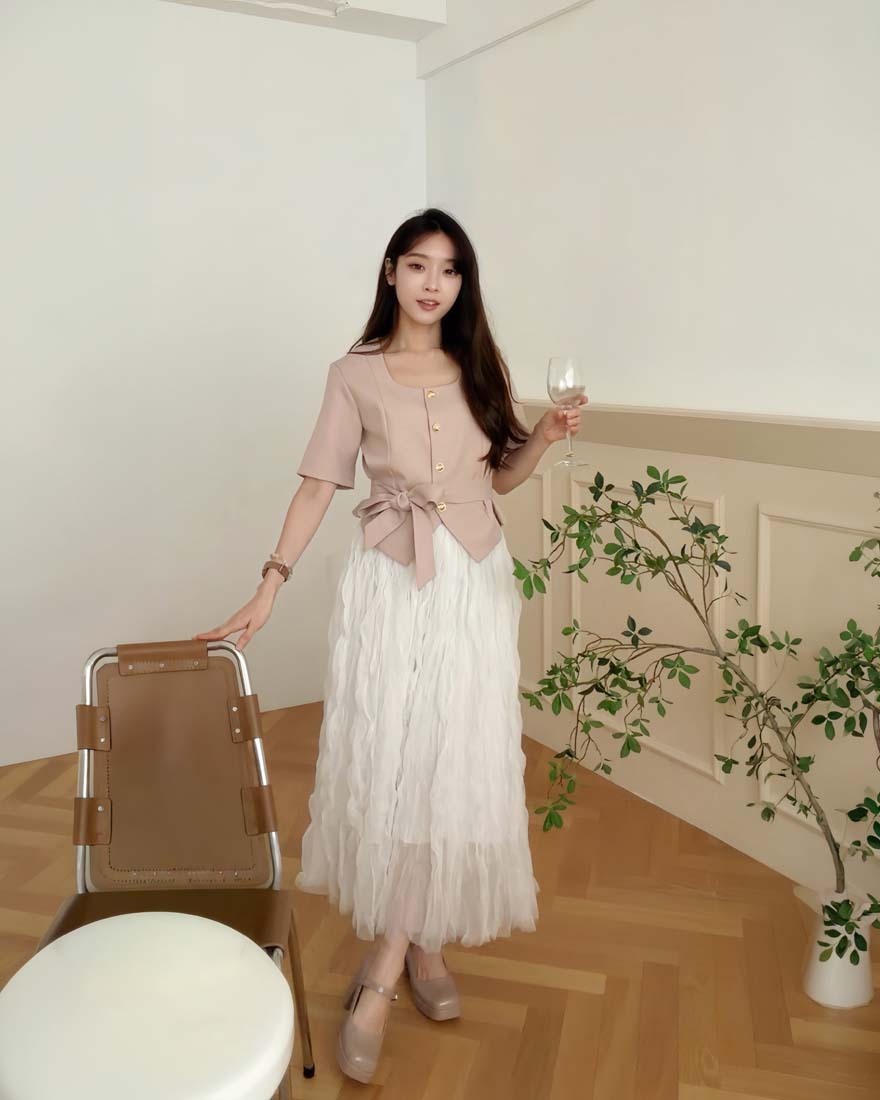 LINA LINA唯美共舞立體抓皺紋理鬆緊網紗長裙-仙氣白