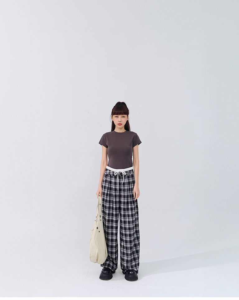 休闲抽绳剪接腰头格纹长裤 S/M【04102035】现+预