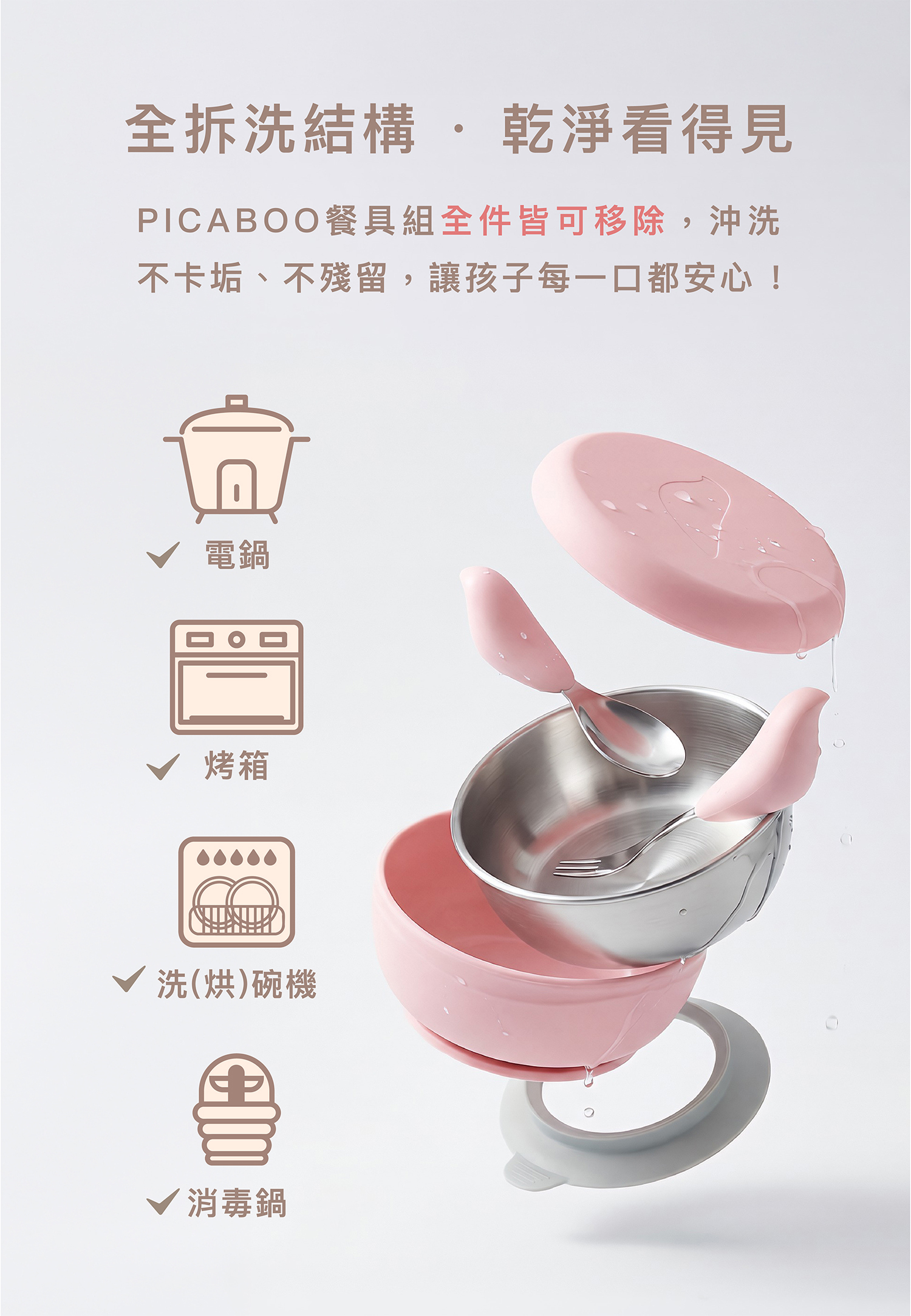PICABOO 兒童餐具組,具備全拆洗結構設計。不鏽鋼與矽膠材質可全件分離清洗。適用於電鍋、烤箱、洗碗機、烘碗機及消毒鍋,不卡垢更衛生。