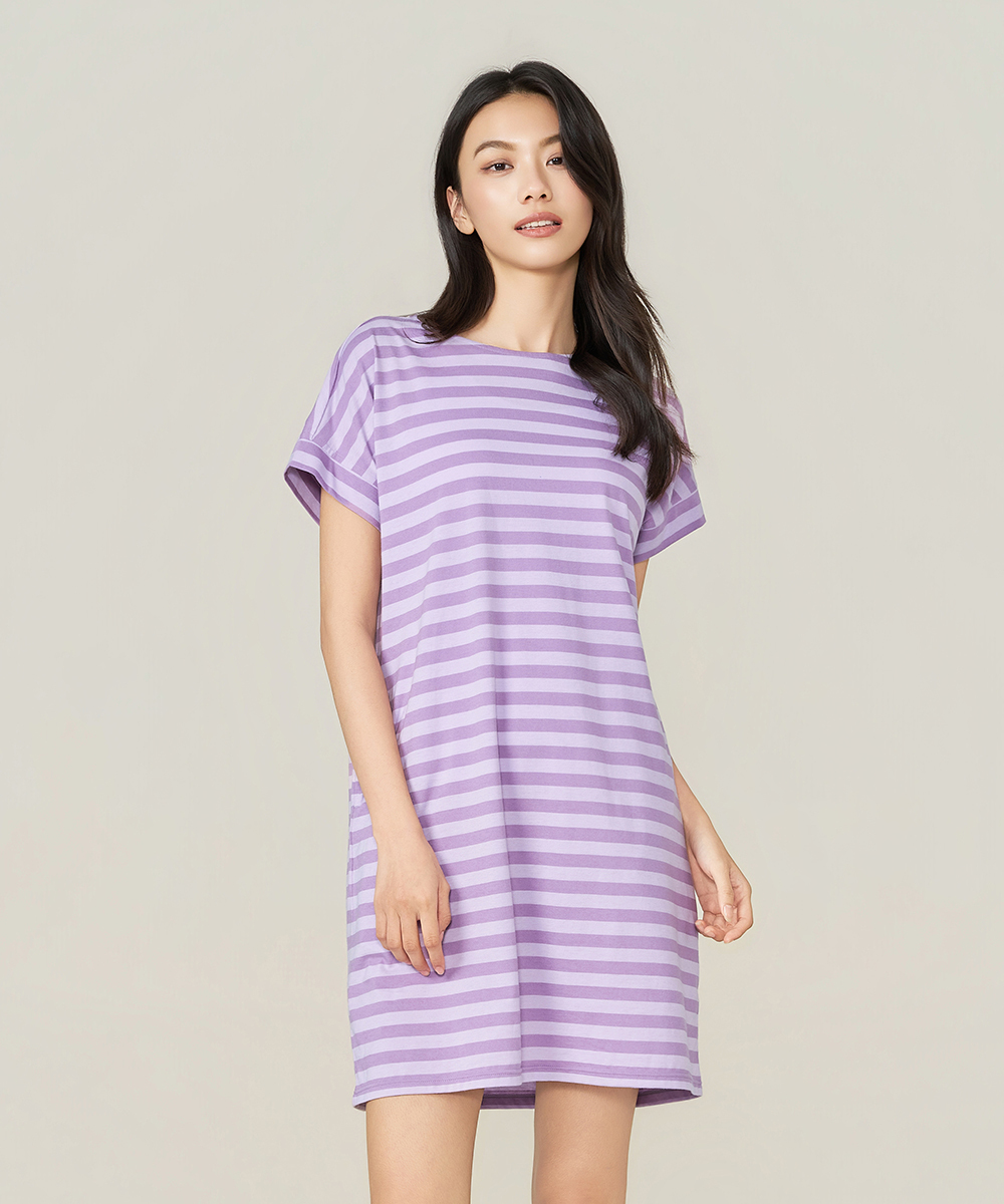 自由空間-條紋棉 輕柔純棉女褶袖洋裝 UE083126