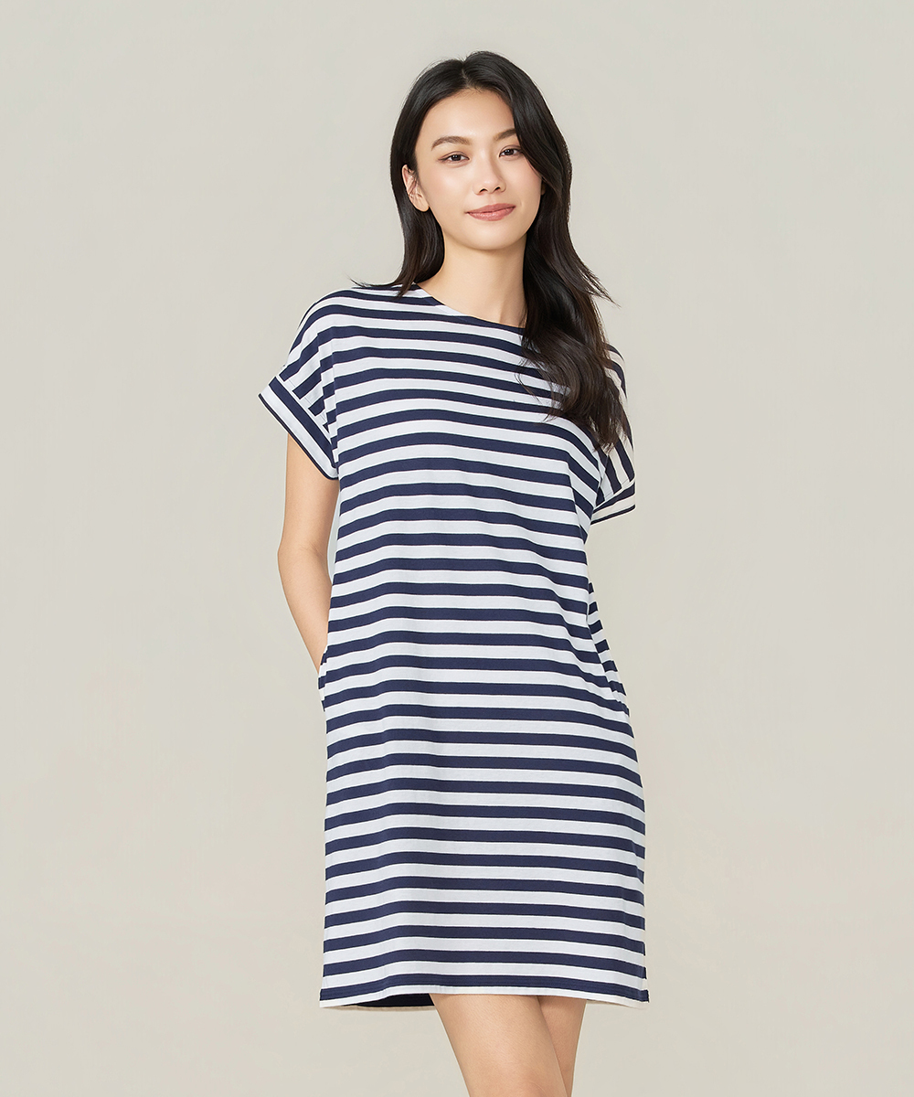 自由空間-條紋棉 輕柔純棉女褶袖洋裝 UE083126