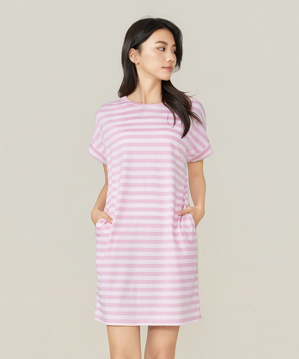 自由空間-條紋棉 輕柔純棉女褶袖洋裝 UE083126