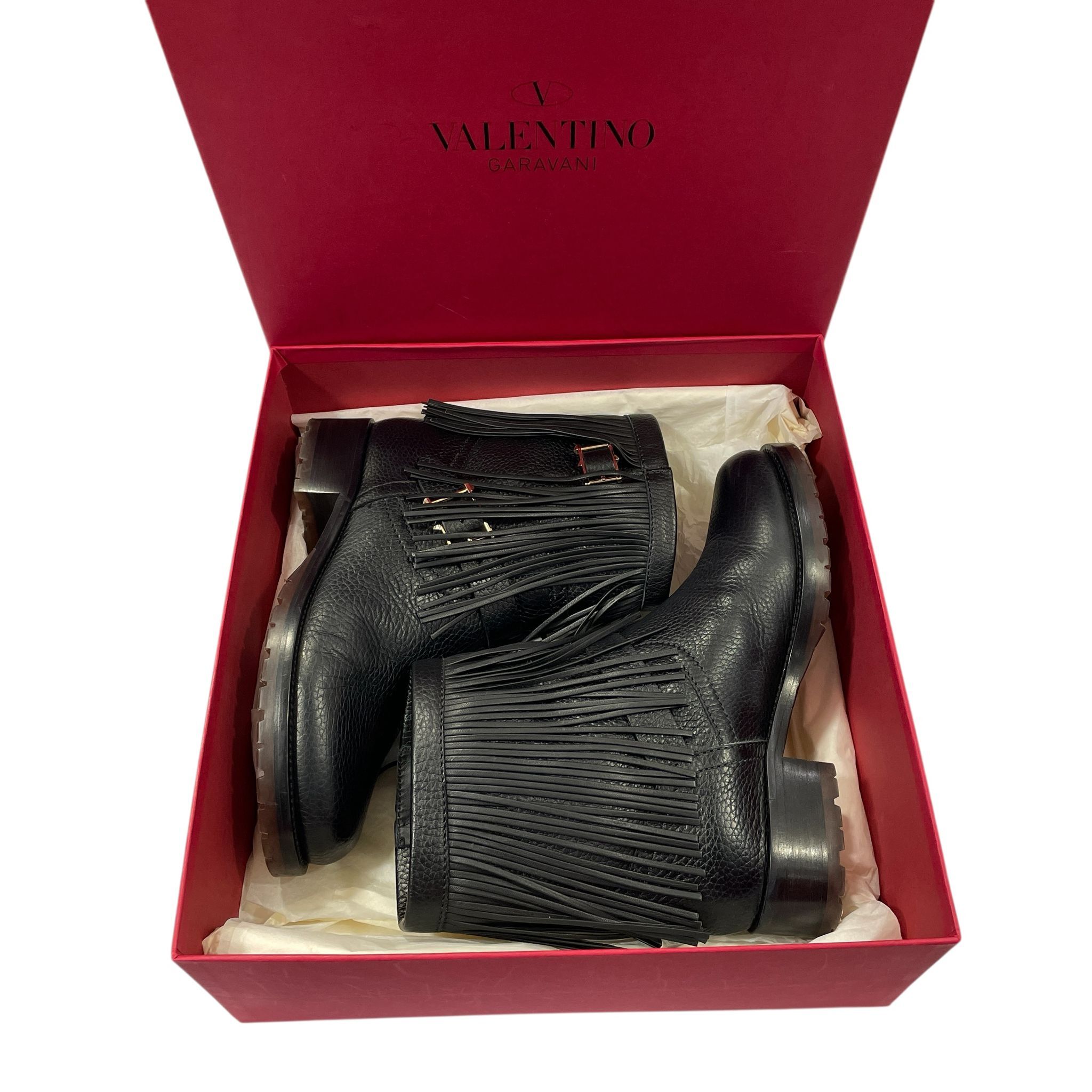 DISPAY~VALENTINO BOOTS 37碼 CARAVANI華倫天奴 短靴, 機車靴 黑色流蘇牛皮 #香榭站正品