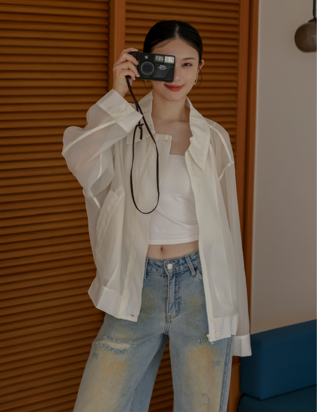 輕盈透紗落肩外套