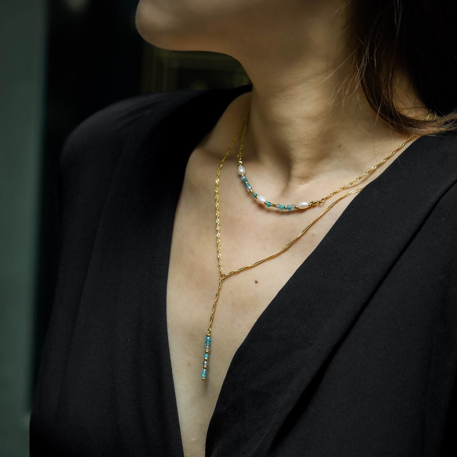 高維美｜珍珠拉長石磷灰石銅鍍18k真金Y型項鍊 N0074-6