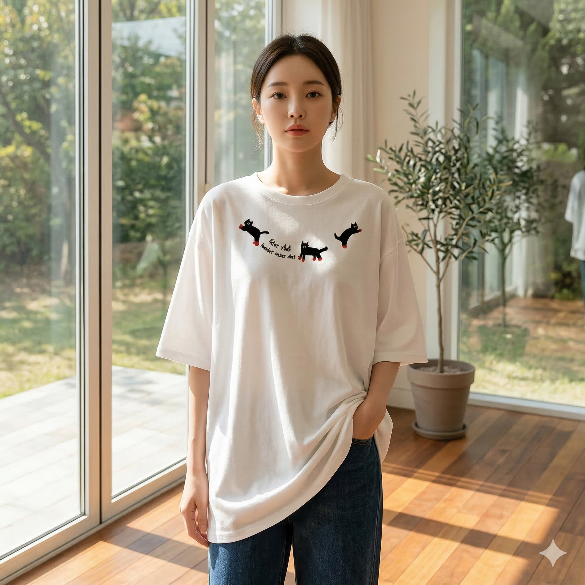 【ASister 小姊姊】AS2359#純棉上衣☆領口貓咪*中長版短袖T恤(9色 S-3XL)