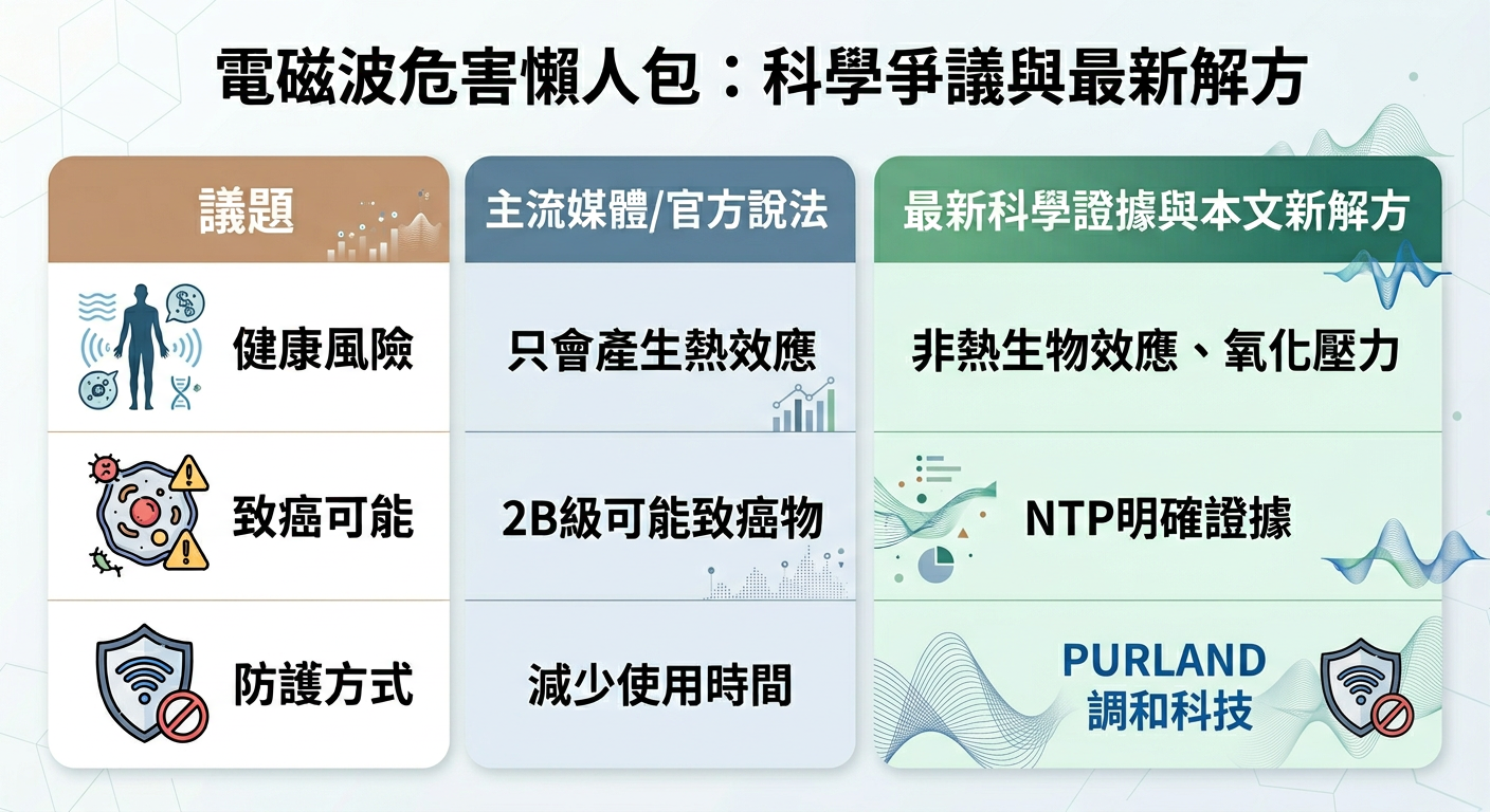 A modern infographic visualizing the scientific debate over EMF hazards and the PURLAND solution. The chart is divided into three columns: The Issue, The Mainstream View, and Latest Scientific Evidence & PURLAND's New Solution. It includes icons representing health risks, cancer potential, and protection methods, highlighting the benefits of PURLAND's harmonization technology.